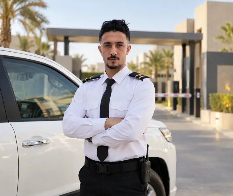 AlFursan AlOula officer on duty beside an operational vehicle at a facility entrance
