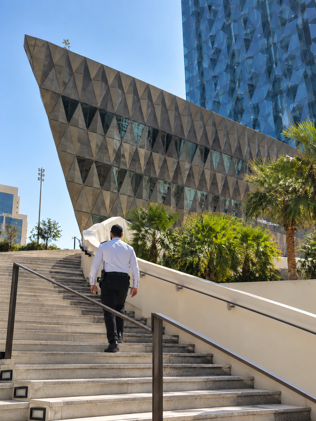 AlFursan AlOula officer ascending the steps at a modern commercial tower in Saudi Arabia
