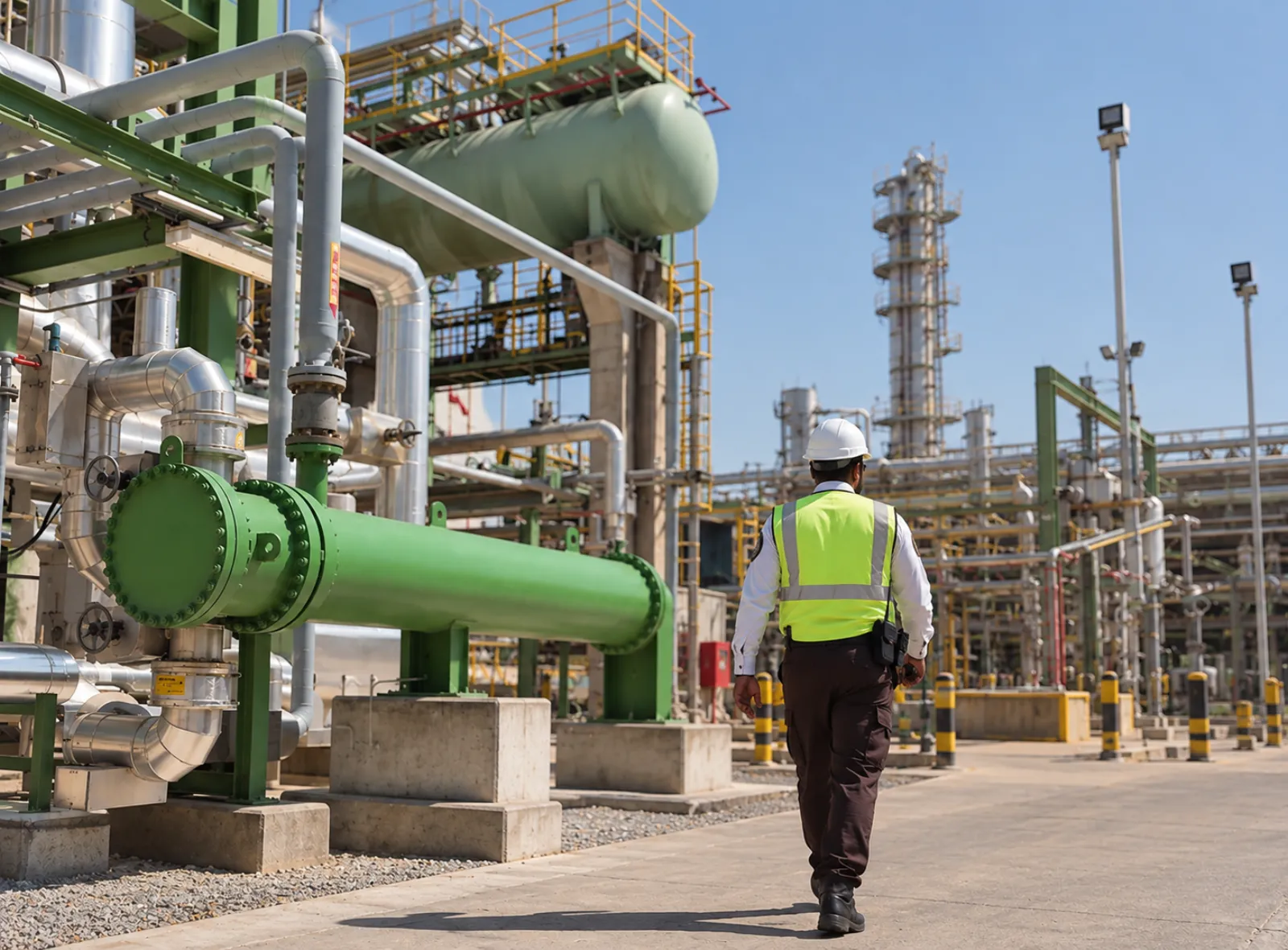 Security officer in a high-visibility vest walking through an industrial plant