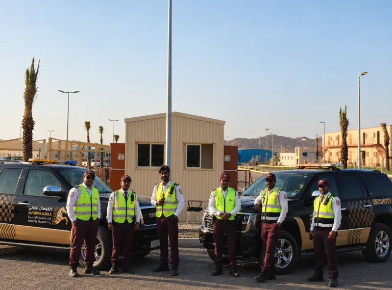 AlFursan AlOula security team and patrol vehicles at a project site gate