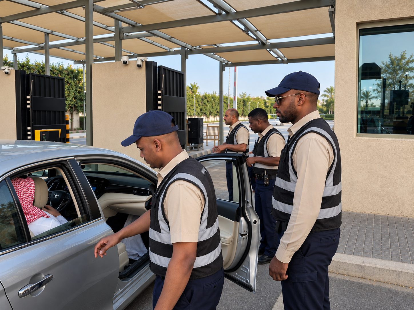 AlFursan AlOula officers managing visitor and vehicle access at a site gate
